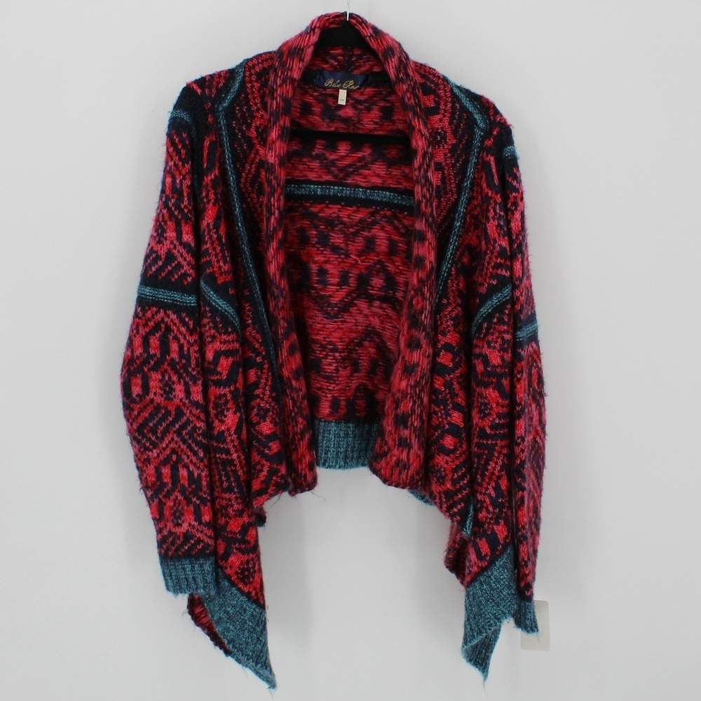 Blue Rain $68 Sm/Medium Red Blue Aztec Pattern Open Front Draped Knit Cardigan - Picture 2 of 10